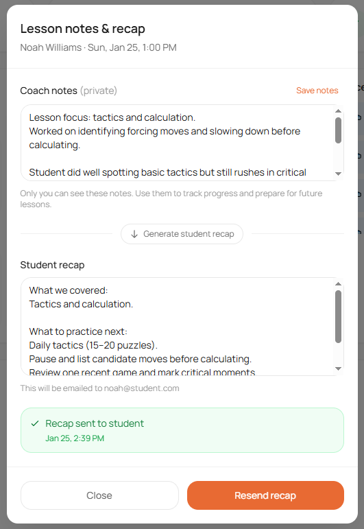 Completed lesson with coach notes and Send recap option