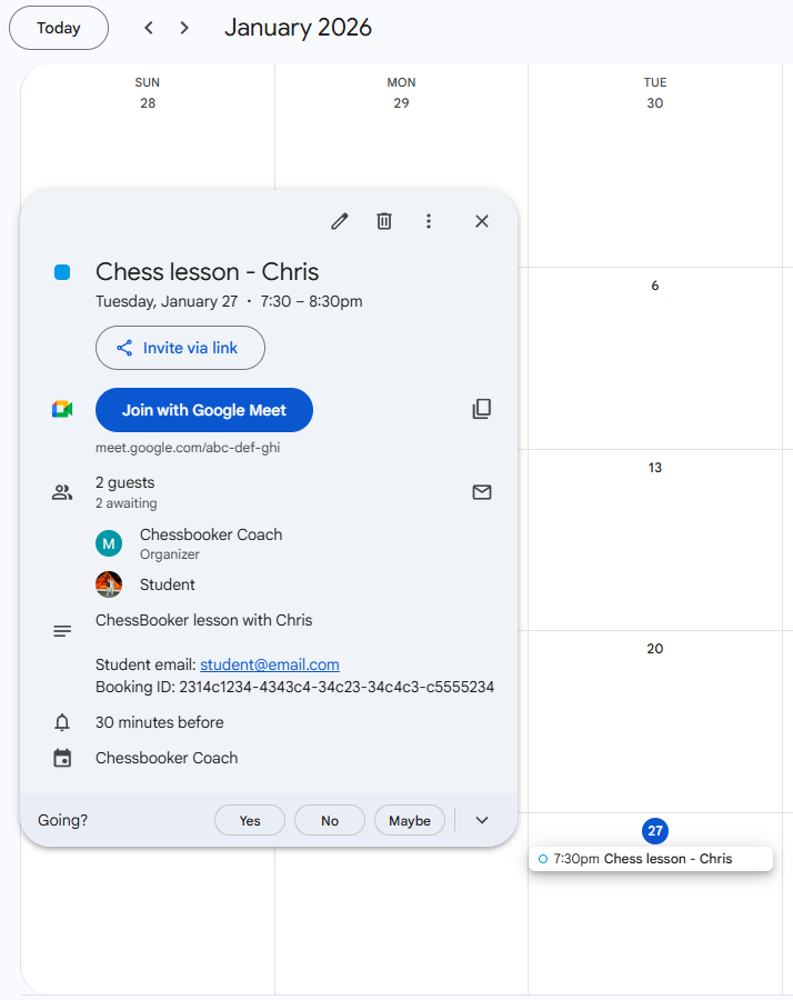 Confirmed lesson with Google Meet link attached