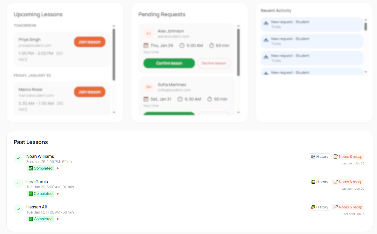 Dashboard showing past lessons