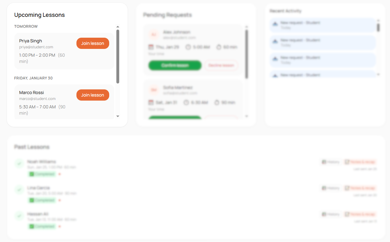 Dashboard showing upcoming lessons
