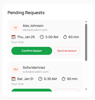 Pending request with student info and action buttons